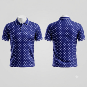 เสื้อโปโลชายสีกรมท่าลายจุด แขนสั้น ปักโลโก้รูปมงกุฎ สไตล์พรีปปี้ ผ้าฝ้ายอ๊อกซ์ฟอร์ด - Product Image 1