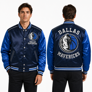 Vestes universitaires en satin pour hommes, inspirées de l'équipe de basketball de Dallas, bleu marine et bleu roi, broderie personnalisée, fournisseur en gros, tenue tendance - Product Image 1
