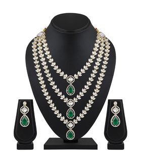 Classic Blue Zinc Plated Layered Long Necklace Earring & Headpiece Set Imitation Pearl Pear Cut Stones for Women Wedding Jewelry - Product Image 5