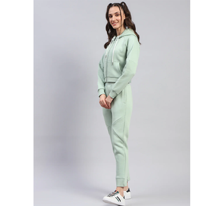 Ensemble de survêtement streetwear vert menthe pour femme, à capuche, manches courtes, couleur unie, pantalon décontracté, taille élastique, léger, automne - Product Image 2