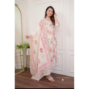 TENDANCE RAYON BRODERIE IMPRIMÉ HAUT BAS AVEC DUPATTA BLANC Cassé - Product Image 1