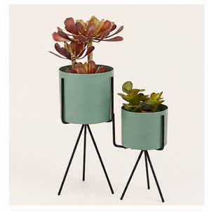 Ensemble de 2 supports à plantes modernes en métal avec pots de fleurs sur piédestal, luxueux, revêtement poudré vert, pour plantes succulentes d'intérieur - Product Image 1