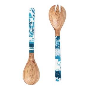 Ensemble de saladiers en bois faits à la main avec manche en résine imprimée, cuillère et fourchette à salade, ustensiles de service de cuisine - Product Image 1