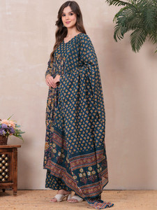 <b>Women</b> Floral Printed Blue Cotton <b>Kurta</b> Palazzo Set Dupatta V-Neck Regular Fit Knee-Length Traditional Ethnic Casual Wear Quick - Product Image 3