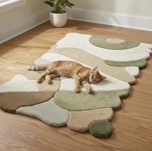 Tapis en laine tufté à la main, moderne, abstrait, beige et vert neutre, pour salon, chambre, décoration intérieure, tapis doux et luxueux - Product Image 5