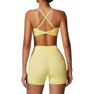 Conjunto de Yoga de 2 Piezas para Mujer, Amarillo, Cintura Alta, Top Corto sin Costuras, Pantalones Cortos Transpirables de Spandex y Poliéster, Ropa Deportiva - Product Image 6