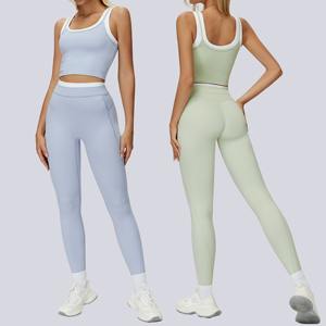 Ensemble de sport athlétique deux pièces contrastant pour femme avec coussinets amovibles, legging taille haute push-up, ensembles pour femme - Product Image 3