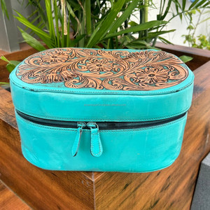 กล่องเก็บเครื่องสำอางหนังสีเทอร์ควอยซ์กล่องจัดระเบียบในห้องน้ำกล่องจัดระเบียบเครื่องสำอางทำมือมีสไตล์ - Product Image 3