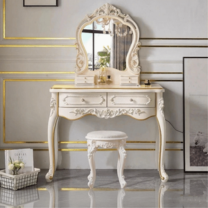 Elegante y Clásico Tocador de Caoba Sólida con Espejo y Detalles en Blanco y Dorado, Set de Vanidad para Hotel, Villa o Dormitorio - Product Image 3