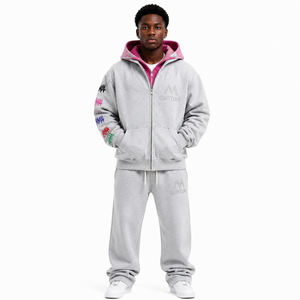Customized Double Layer Hooded Zip Hoodie Rhinestone Unisex Distressed Embroidery Patched Fashion Men Hoodies Winter Wear 100% - Product Image 3