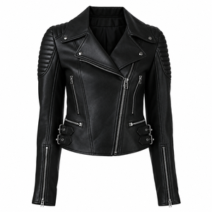 Chaqueta de Motociclista de Cuero Genuino Negro para Mujer, con Cuello Camisero y Cierre de Cremallera - Product Image 1