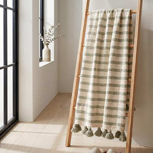 Blue Eco-friendly Cotton <b>Blanket</b> with Fine <b>Woven</b> Pattern and Tassel Edge for All-Season Coastal Scandinavian Sofa Bedroom Decor - Product Image 6