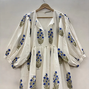 Robe Bohème Formelle à Col en V et Manches 3/4, Imprimé Floral Fait Main au Bloc, 100% Coton Écologique, Ourlet Volanté en Dentelle, Taille Naturelle, Lavable - Product Image 2