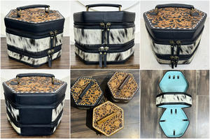 Luxury Hand Tooled Cowhide Leather Zipper Jewelry Storage Organizer Case Bracelet Watch Necklaces Hexagonal Jewelry Travel <b>Box</b> - Product Image 3