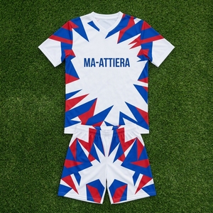 Ensemble d'uniformes de football blancs personnalisés, maillot de football géométrique rouge et bleu, shorts, chaussettes, vêtements de sport d'équipe - Product Image 5
