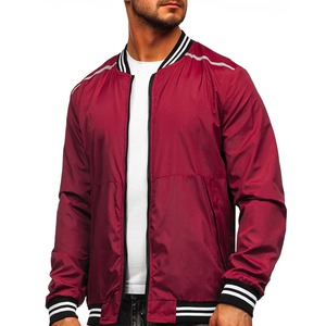 <b>Men's</b> Burgundy Lightweight Reflective Printed Bomber <b>Jacket</b> Full Sleeve Pullover Crew Neck Solid Color Polyester Varsity Style - Product Image 2