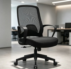 Chaise de bureau ergonomique en maille AY avec accoudoirs fixes, dossier ouvert, base pivotante, structure en acier, réglage manuel, design moderne, noir - Product Image 1