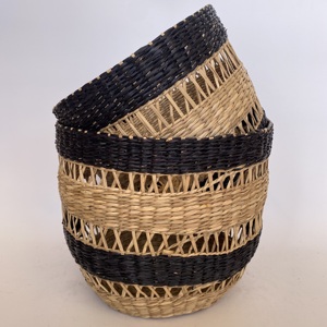 Customized Set of 2 Breathable Woven Seagrass <b>Round</b> Laundry <b>Baskets</b> in Black and Yellow Home Multi-Purpose - Product Image 1