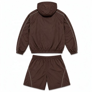 Brown Hooded Breathable Lightweight Summer Tracksuit Zip Jacket <b>Shorts</b> Set Contrast Stripe Sportswear Streetwear <b>Lounge</b> Outfit - Product Image 2