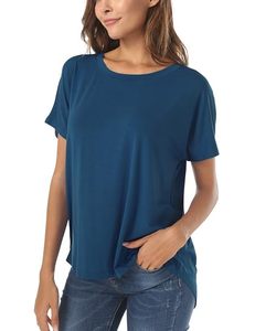 T-shirt d'été décontracté pour femme, col rond, manches courtes, coupe ample, écoresponsable, uni, décoré de plumes, 180g - Product Image 1