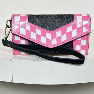 Pochette à main tendance en cuir de vache véritable à carreaux roses, design western, mode, pochette pour téléphone en cuir de vache, portefeuille - Product Image 4