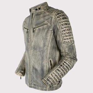 Cafe Racer Distressed <b>White</b> Cowhide Leather <b>Jacket</b> for <b>Men</b> - Product Image 1