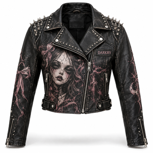 Chaqueta de cuero negra con cremallera asimétrica para mujer, estilo gótico rosa con estampado de retrato, cuello con tachuelas, abrigo de motociclista, proveedor de pedidos personalizados - Product Image 1