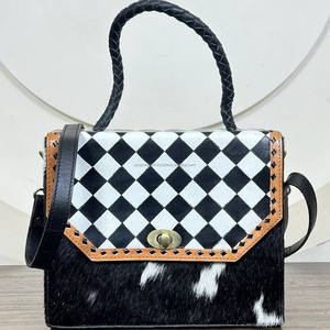 Bolso Bandolera de Cuero Vacuno Auténtico con Diseño de Cuadros, Estilo Occidental, con Asa Superior, para Mujer - Product Image 4