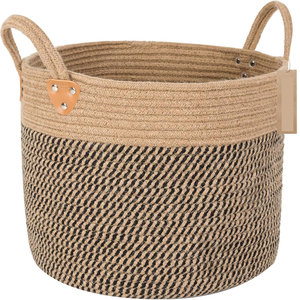 Cesta de Almacenamiento Mini de Yute Estilo Boho Gemini con Asas de Cordón, Cierre de Cremallera a Rayas, Color Beige Natural y Negro, Tejida - Product Image 1