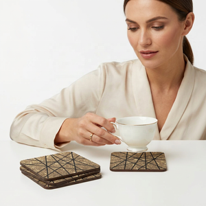 Meena <b>Print</b> Wood & Meena Square Cup Coaster with Florals Pattern Modern Luxury Handmade From Uttar Pradesh for Table Decoration - Product Image 1