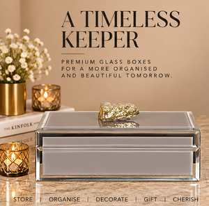 Silver Grey Glass Jewelry Storage Box <b>with</b> Natural Stone Accent Gold Edging Glossy Finish Soft Lining Decorative Organizer - Product Image 5