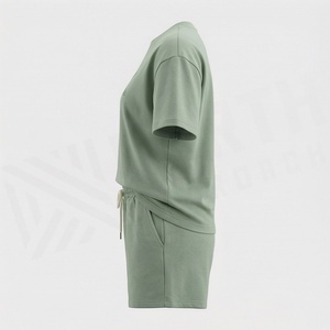 Conjunto de 2 Piezas para Mujer, Tejido, Verde Sólido, Casual, Camiseta de Manga Corta y Pantalones Cortos por Encima de la Rodilla, Cuello Redondo, Corte Holgado, Primavera - Product Image 3
