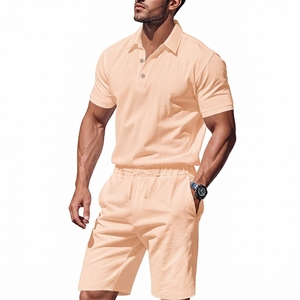 Ensemble polo et short en coton pour homme, couleur unie, décontracté, respirant, tricoté, 2 pièces, gris - Product Image 2
