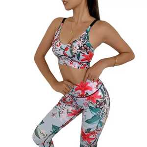 Ensemble de yoga imprimé floral pour femme, 2 pièces, leggings taille haute, débardeur court dos nageur à col en V profond, extensible dans les quatre sens, en Spandex et Polyester - Product Image 1