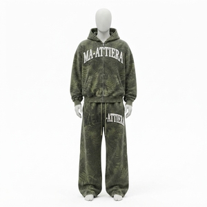 <b>Men</b> Olive <b>Green</b> Botanical Print Zip Up Hoodie <b>Tracksuit</b> Set Loose Fit Streetwear Custom OEM ODM Wholesale - Product Image 3