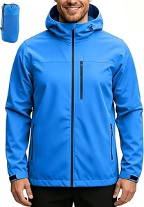 Blouson Bomber Homme Bleu Uni à Capuche avec Fermeture Éclair, Bords et Poignets Ajustables, Coupe-Vent Décontracté pour le Printemps - Product Image 2
