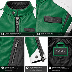 <b>Green</b> Womens Leather Jacket Genuine Cowhide <b>Motorbike</b> Racing Outerwear Slim Fit Sport Biker Riding Coat Snap Collar Cuffs - Product Image 6