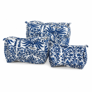 Ensemble de 3 trousses de maquillage bleues à motifs botaniques, en coton matelassé, pour femmes, sacs cosmétiques de voyage, rangement de beauté, fermeture éclair, ensemble cadeau - Product Image 5