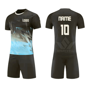ชุดเสื้อฟุตบอลชายสีดำน้ำเงินแบบกำหนดเอง กางเกงขาสั้นลายเรขาคณิต คอวี แขนสั้น ระบายเหงื่อได้ดี ชุดยูนิฟอร์มทีม - Product Image 4