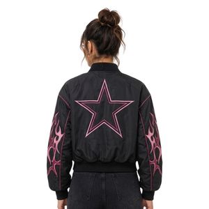 Blouson bomber oversize noir et rose pour femme, 100% polyester, épaules tombantes, fermeture éclair intégrale, confortable - Product Image 2