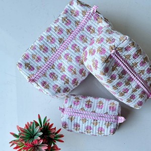 Custom Vintage Floral Printed Cotton Toiletry <b>Bag</b> Quilted Zipper Closure Pouch Set Three Stylish Cosmetic Travel Organization - Product Image 6