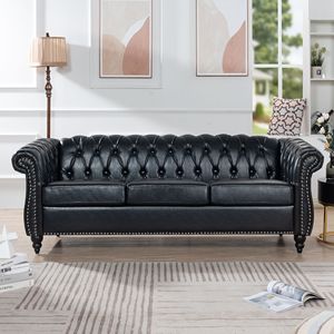 Divano Chesterfield a tre posti con braccioli arrotolati in PU nero da 84,65 pollici per soggiorno - Product Image 1