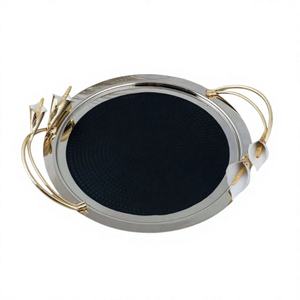 Plat de service rond en métal très vendu avec poignées florales dorées, assiette à dessert polie pour la maison, les mariages et les fêtes - Product Image 5