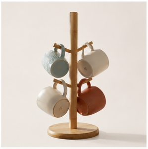 Porte-tasses moderne et écologique en bois naturel avec 6 crochets, support de comptoir robuste fait main pour tasses à café, organisateur de cuisine - Product Image 1