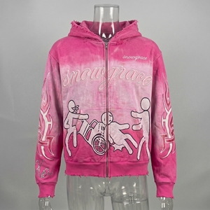 Sudadera con capucha y cremallera Snowgrace rosa tie-dye, unisex, corte crop, estilo Y2K, estampada, de felpa francesa, para invierno. - Product Image 3