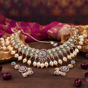 Juego de Collar con Colgante de Piedras Kundan Polki de Diseño Jewelemarket, Imitación de Perla Fina para Uso Diario y Ocasiones Nupciales-10575589ML - Product Image 3