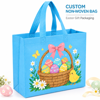 Panier de Pâques bleu ciel avec œufs, poussins, marguerites et nœuds imprimés, sacs cadeaux en tissu non tissé écologiques, recyclables, réutilisables, avec logo personnalisé