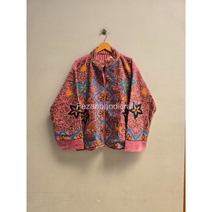 Veste en polaire rose brodée à la main avec motif floral géométrique, col mandarin, fermeture éclair, vêtements d'extérieur pour femmes, automne - Product Image 2