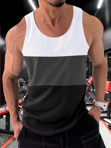Men's Color <b>Blocked</b> Tank Top O-Neck Sleeveless Casual Breathable Knitted Vest White Gray Black gym singlet - Product Image 2