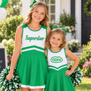 Uniforme de cheerleading pour filles, robe de cheerleading sans manches imprimée, vert et blanc, polyester, tenue de danse pour enfants - Product Image 1